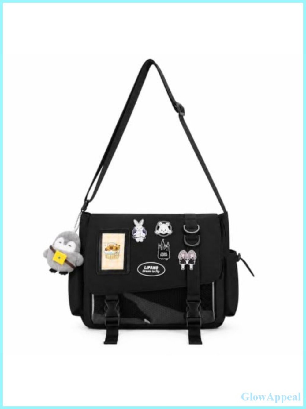 Messenger Bag with Plush Penguin Keychain and 4 Decorative Pins Crossbody
